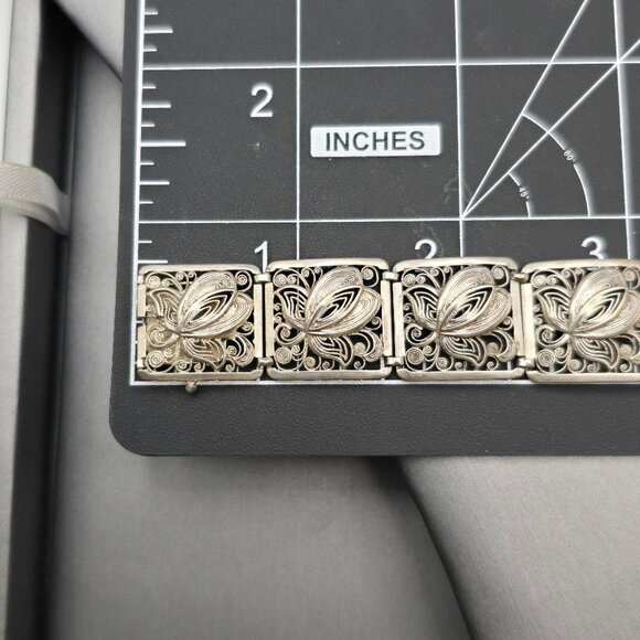 Vintage 850 Silver Filigree Panel Bracelet 7" Floral Design Hidden Clasp - Picture 9 of 11